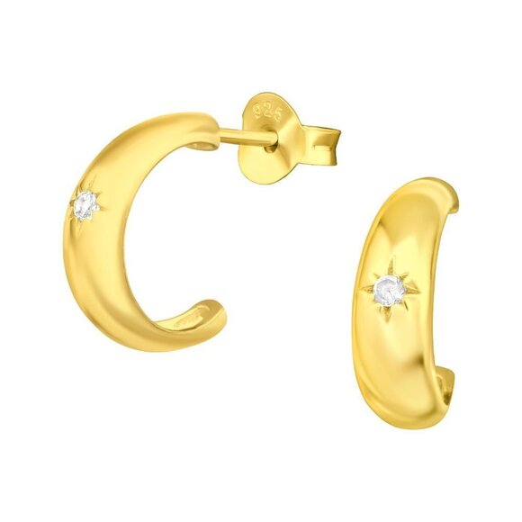 14k Gold Vermeil Diamond Half Hoop Crescent Huggies - Picture 1 of 9
